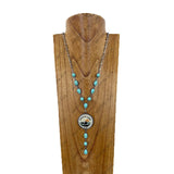 NKY260328-10          31'' Silver metal chain and oval blue turquoise stone with western design pendant Necklace