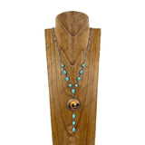NKY260328-11         31'' Silver metal chain and oval blue turquoise stone with western design pendant Necklace