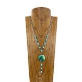 NKY260328-12         31'' Silver metal chain and oval blue turquoise stone with western design pendant Necklace