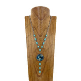 NKY260328-13       31'' Silver metal chain and oval blue turquoise stone with western design pendant Necklace