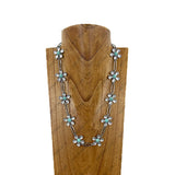 NKY260328-20        24'' Silver metal with blue turquoise stone flower chain Necklace
