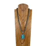 NKY260605-06            24'' Silver Navajo pearl roundel beads with blue oval turquoise stone Pendent Necklace