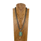 NKY260605-06            24'' Silver Navajo pearl roundel beads with blue oval turquoise stone Pendent Necklace