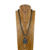 NKY260605-06            24'' Silver Navajo pearl roundel beads with blue oval turquoise stone Pendent Necklace