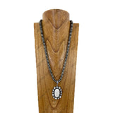 NKY260605-06            24'' Silver Navajo pearl roundel beads with blue oval turquoise stone Pendent Necklace