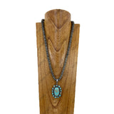NKY260605-10                             24'' Silver Navajo pearl roundel beads with blue and brown oval turquoise stone Pendent Necklace