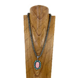 NKY260605-10                             24'' Silver Navajo pearl roundel beads with blue and brown oval turquoise stone Pendent Necklace