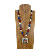 NKY260629-06            21'' Flag color stone and silver Navajo pearl beads with western square pendent Necklace