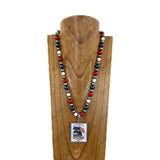 NKY260629-08                21'' Flag color stone and silver Navajo pearl beads with western square pendent Necklace
