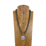 NKY260629-14                 23'' silver Navajo pearl beads with coin shape pendent Necklace