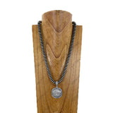 NKY260629-15             23'' silver Navajo pearl beads with coin shape pendent Necklace