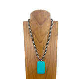 NKZ030524-01                         22 inches Silver Navajo pearl beads with large blue rectangle turquoise stone pendent Necklace