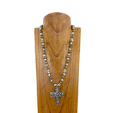 NKZ030524-09                       22 Inches silver Navajo pearl and blue turquoise stone beads with silver metal cross Necklace