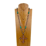 NKZ030524-20                      36 Inches copper Navajo pearl and blue turquoise beads with large brown metal cross Necklace