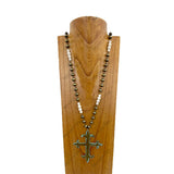 NKZ030524-21                      36 Inches brass color Navajo pearl and white stone beads with large metal cross Necklace
