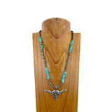 NKZ030524-41                23 inches silver Navajo pearl and blue turquoise nuggets beads with silver metal long horn Necklace