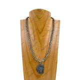 NKZ030524-42                  18 inches long silver Navajo pearl beads with metal Indian head Necklace