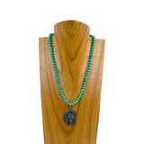 NKZ030524-44                 16 inches long green turquoise stone beads with silver metal Indian head Necklace