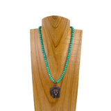 NKZ030524-44                 16 inches long green turquoise stone beads with silver metal Indian head Necklace