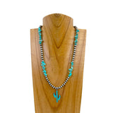 NKZ030524-46                 18 inches silver Navajo pearl and blue turquoise nuggets beads with cactus Necklace