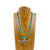 NKZ030524-60                   19 inches blue turquoise stone beads with silver metal long horn Necklace