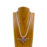 NKZ030524-61                     19 inches white turquoise stone beads with silver metal long horn Necklace