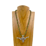 NKZ030524-70             18 Inches green jasper beads with metal long horn Necklace