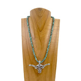 NKZ030524-70             18 Inches green jasper beads with metal long horn Necklace