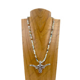 NKZ030524-70             18 Inches green jasper beads with metal long horn Necklace