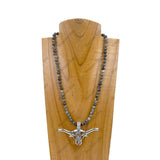 NKZ030524-70             18 Inches green jasper beads with metal long horn Necklace