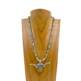 NKZ030524-70             18 Inches green jasper beads with metal long horn Necklace