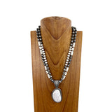 NKZ230205-05    "21 Inches double strings white roundel stone and silver  Navajo pearl bead with white stone pendent Necklace"