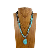 NKZ230205-08     "21 Inches double strings blue roundel turquoise stone and  silver Navajo pearl bead with blue turquoise stone pendent  Necklace"