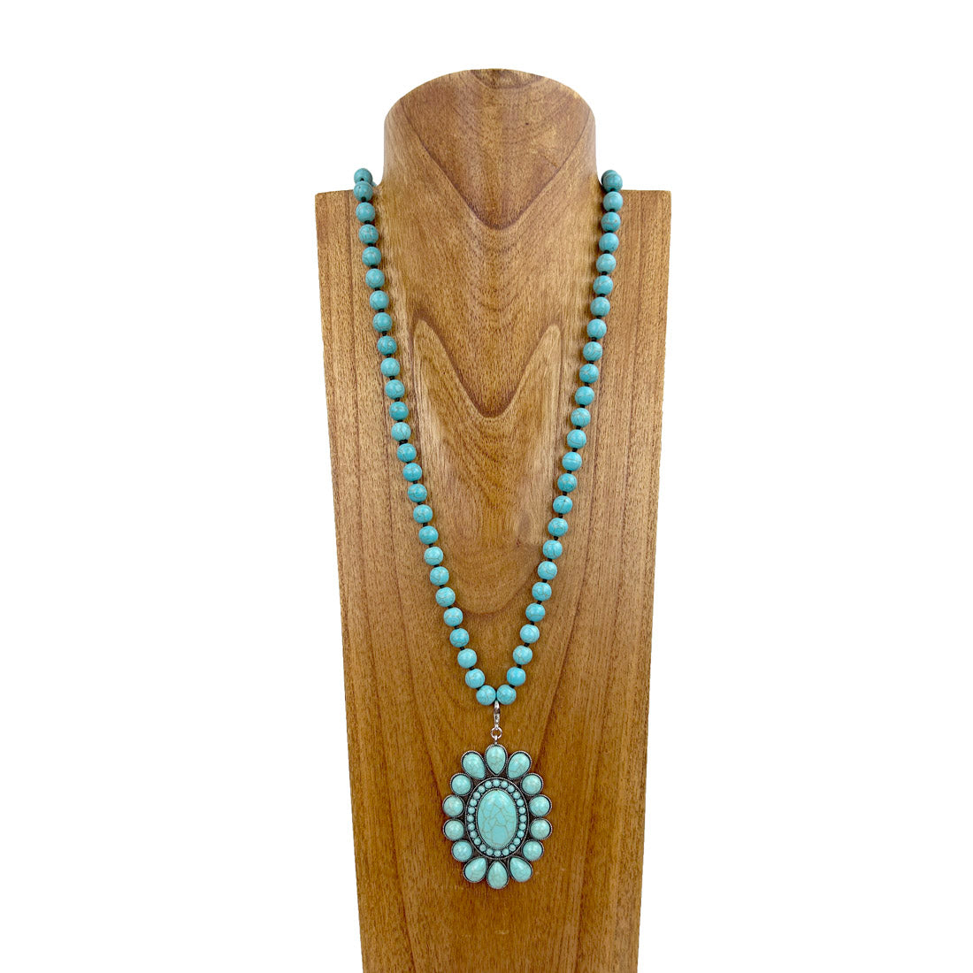 NKZ230924-04     34 inches 10mm blue turquoise stone beads with big blue turquoise stone concho Necklace