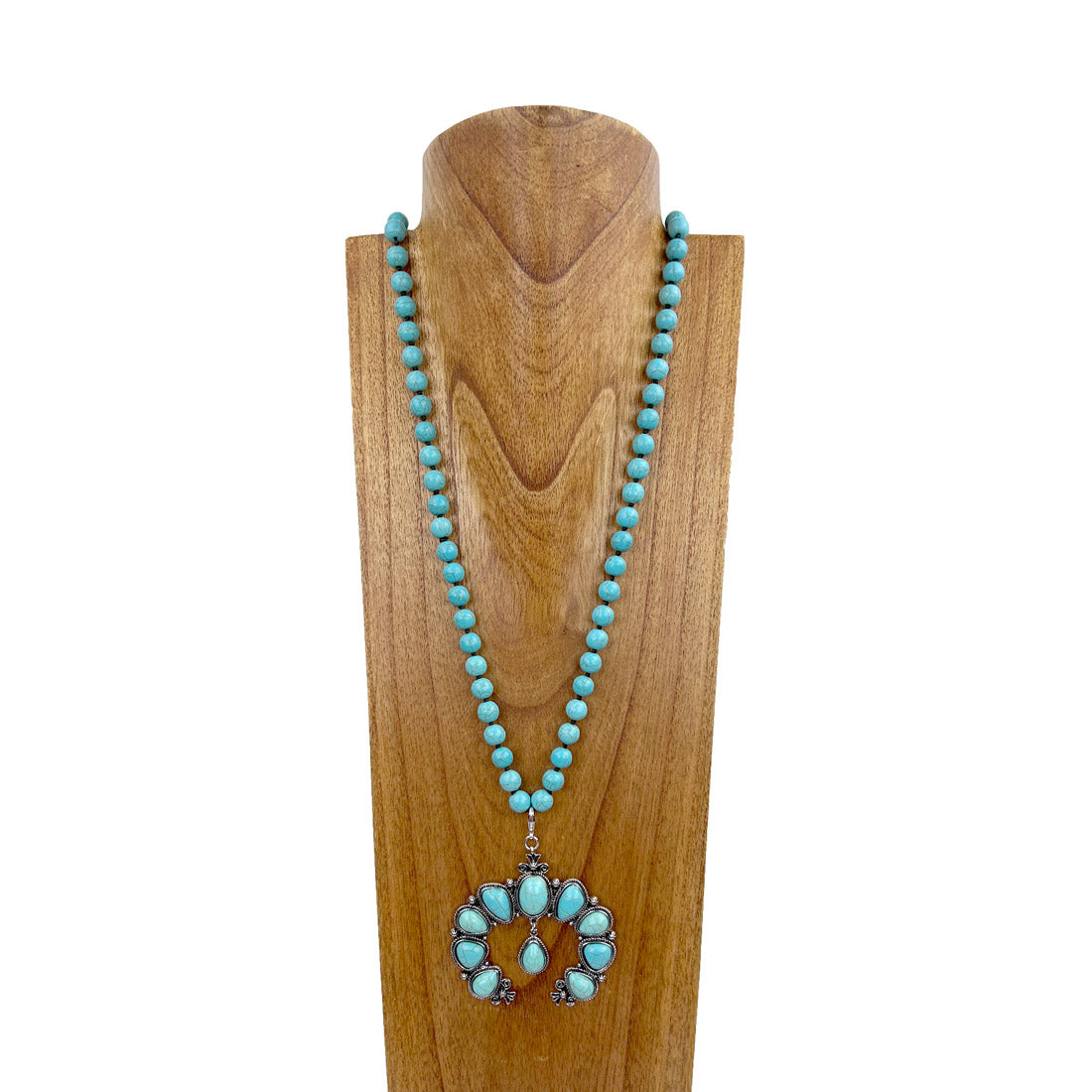 NKZ230924-08     34 inches 10mm blue turquoise stone beads with big blue turquoise stone squash blossom Necklace