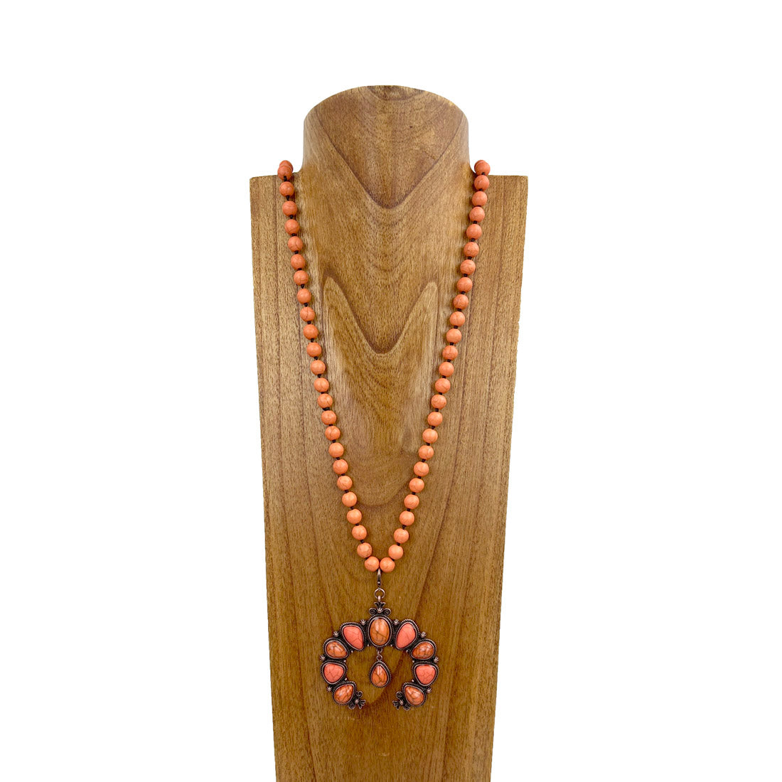 NKZ230924-09     34 inches 10mm orange stone beads with big orange stone squash blossom Necklace