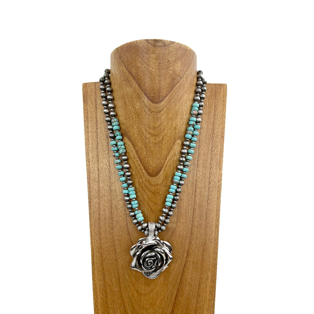 NKZ230924-15         21 inches Double silver Navajo pearl and blue turquoise stone with silver metal rose Necklace.