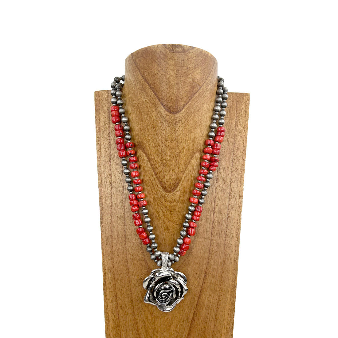 NKZ230924-16          21 inches Double silver Navajo pearl and red coral strings with silver metal rose Necklace.