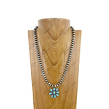 NKZ230930-01         22 Inches silver Navajo pearl beads with blue turquoise stone concho Necklace
