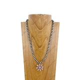 NKZ230930-03         22 Inches silver Navajo pearl beads with orange stone concho Necklace
