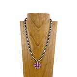 NKZ230930-05         22 Inches silver Navajo pearl beads with light pink stone concho Necklace