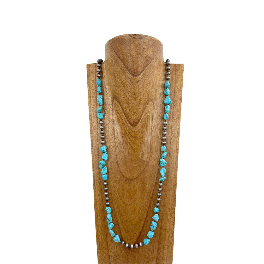NKZ230930-06                40 inches blue turquoise stone with silver Navajo pearl beads Necklace
