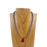 NKZ230930-15             16 inches 6mm silver Navajo pearl beads with red coral teardrop Necklace