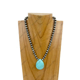 NKZ230930-25            16 inches 8mm silver Navajo pearl beads with blue turquoise teardrop Necklace