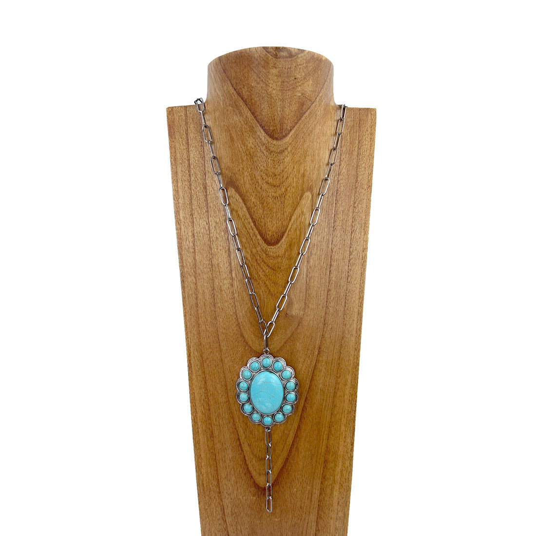 NKZ230930-33               26 Inches silver metal chain with silver oval and blue turquoise stone Necklace