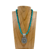 NKZ230930-37          17 inches roundel blue turquoise stone beads with silver metal concho Necklace