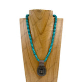 NKZ230930-38          17 inches roundel blue turquoise stone beads with copper metal concho Necklace