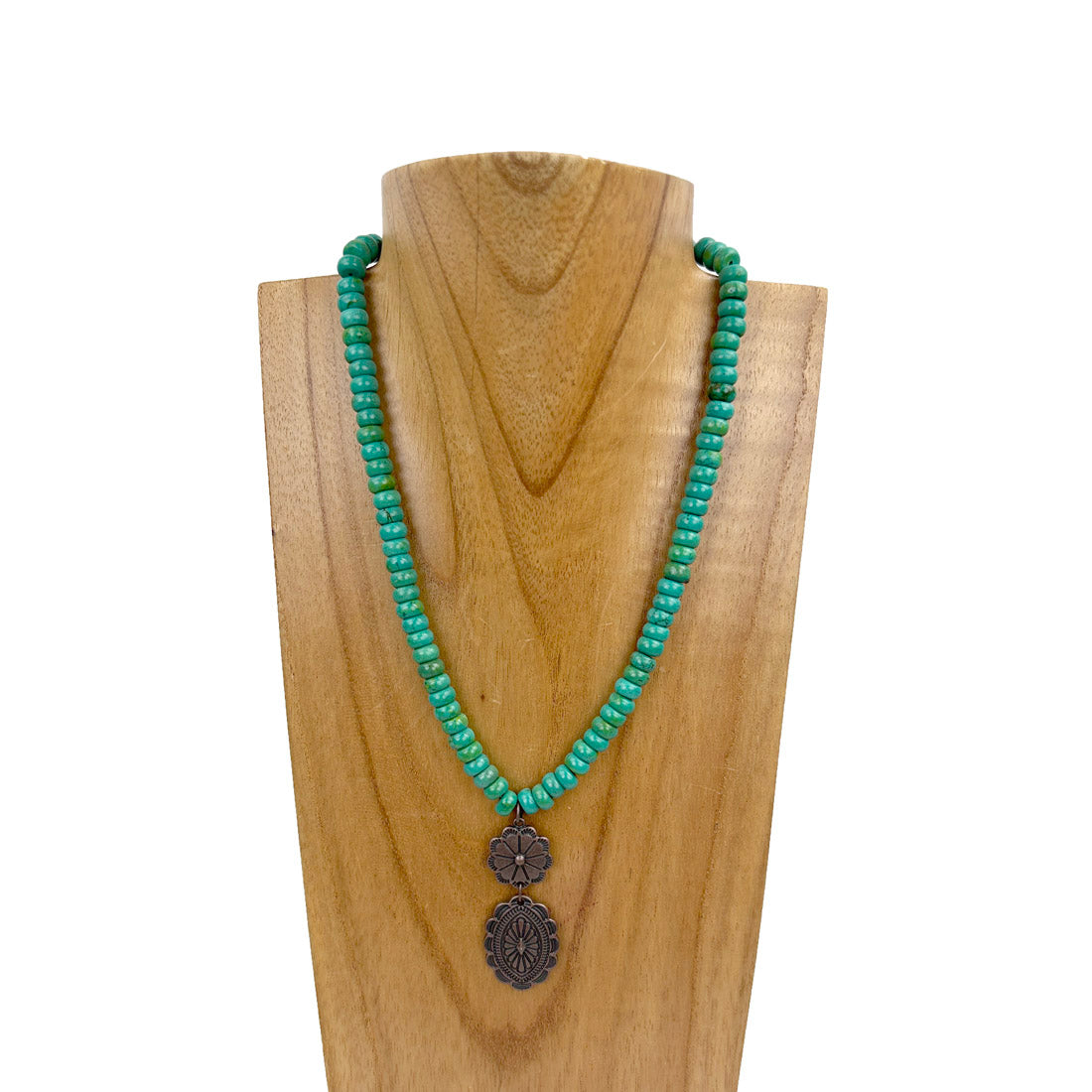 NKZ230930-42         17 inches roundel green turquoise stone beads with copper metal concho Necklace