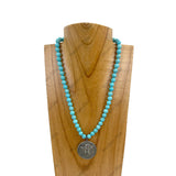 NKZ230930-43        17 inches round blue turquoise stone beads with silver metal eagle Necklace