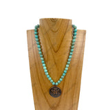 NKZ230930-44       17 inches round green stone beads with copper metal eagle Necklace